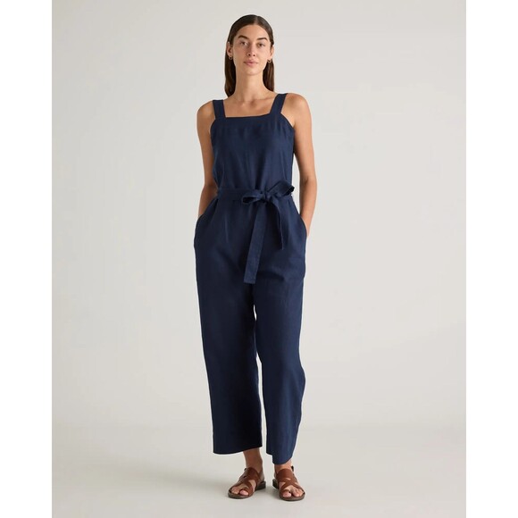 Quince Pants - QUINCE Women's 100% European Linen Square Neck Jumpsuit Navy Tie Waist